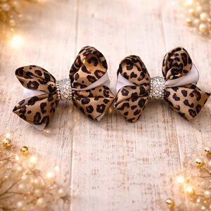 Leopard Print Hair Bows with Rhinestones